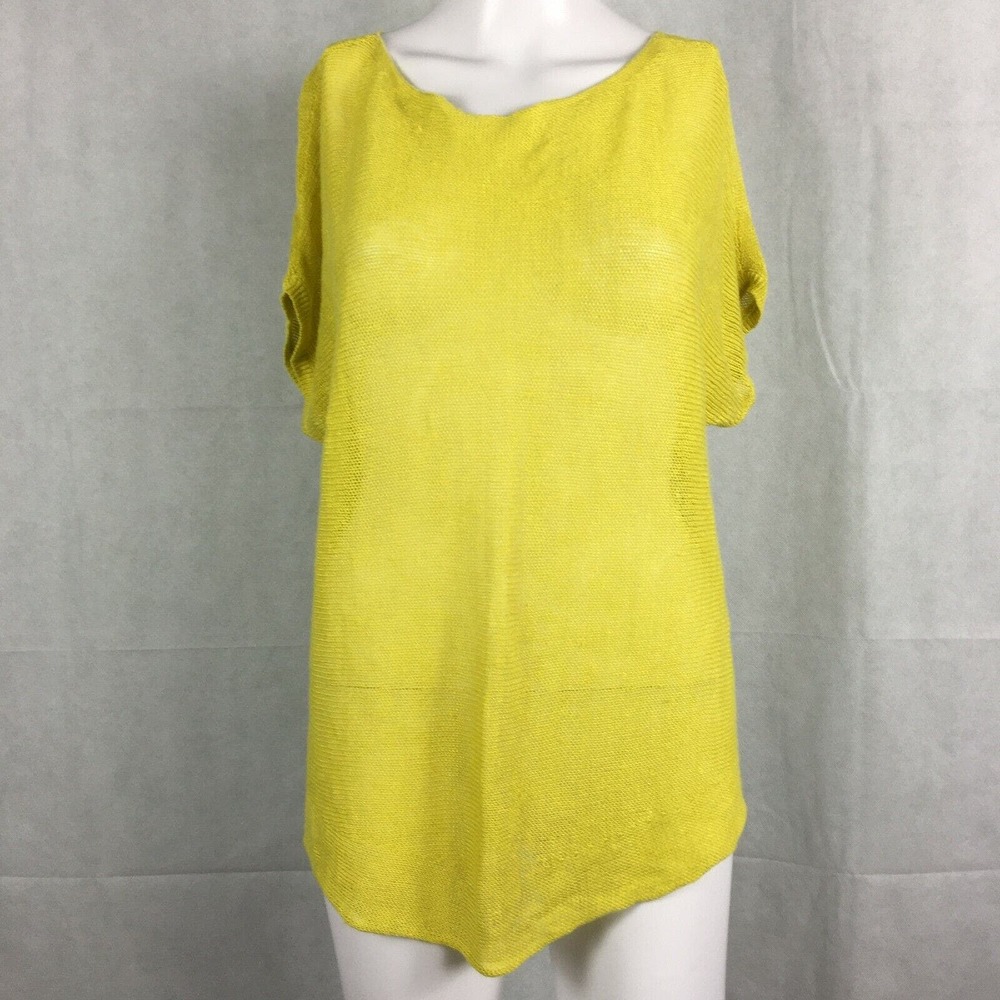 Eileen Fisher Sweater Womens Sz XS Yellow Open Knit Organic‎ Linen Short Sleeve